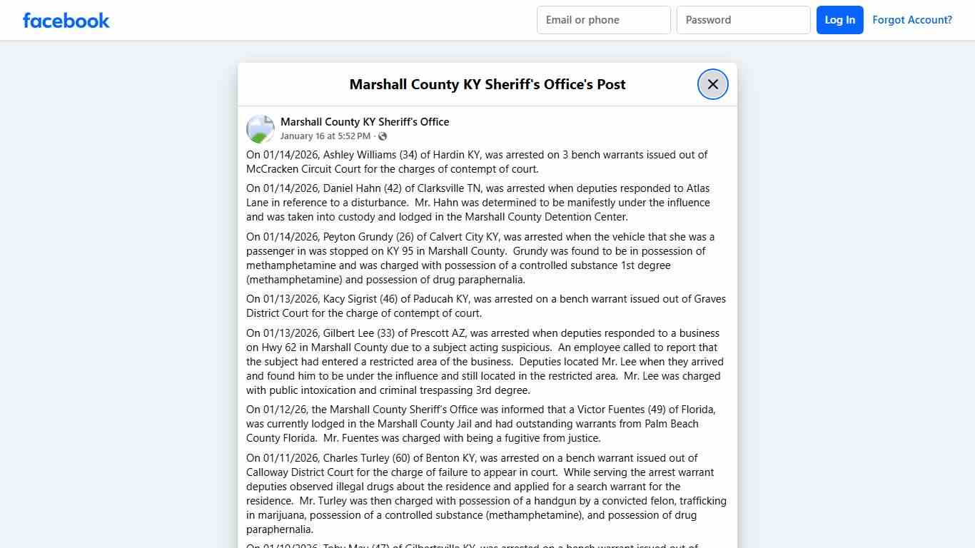 On 01/14/2026,... - Marshall County KY Sheriff's Office Facebook